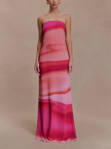 Meshki Amaya Strapless Chiffon Maxi Dress Pink Sunset Print, S M
